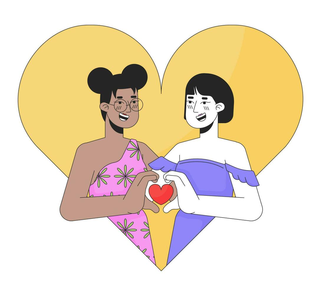 lesbica donne incontro anima gemella 14 febbraio 2d lineare illustrazione concetto. San Valentino giorno gay femmina cartone animato personaggi isolato su bianca. insieme amore metafora astratto piatto vettore schema grafico