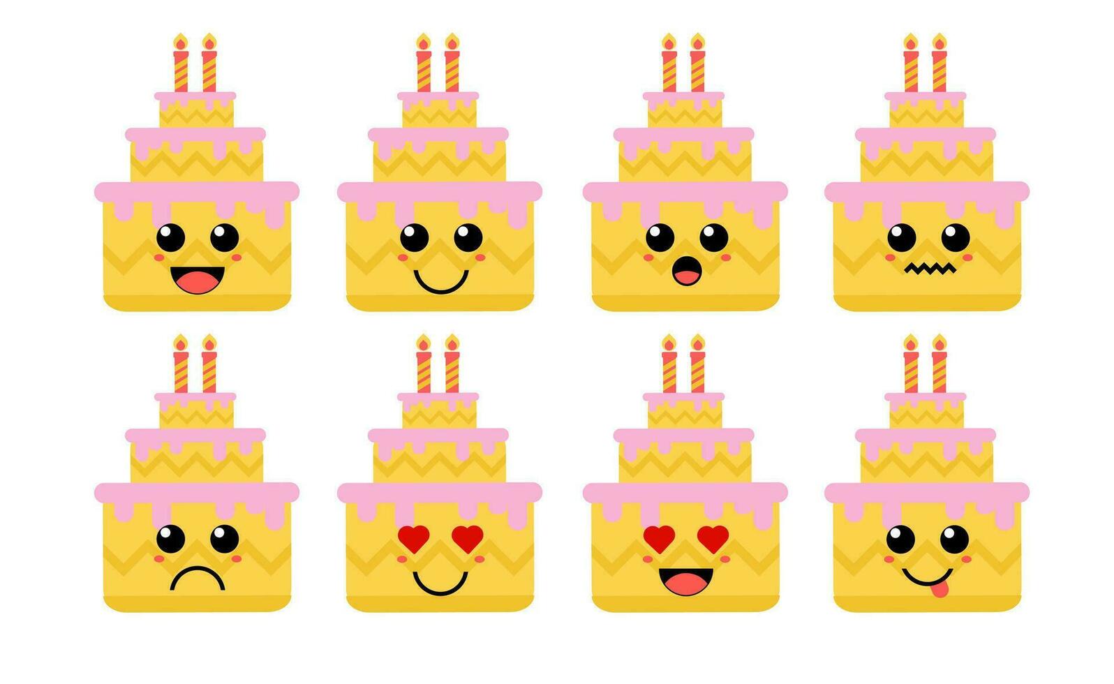 impostato di carino cartone animato colorato compleanno torta con diverso emozioni. divertente emozioni personaggio collezione per bambini. fantasia personaggi. vettore illustrazioni, cartone animato piatto stile