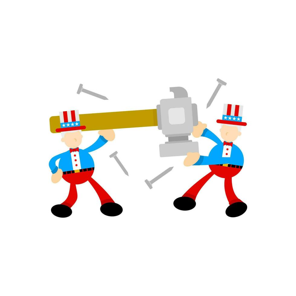 America zio sam e martello mestiere cartone animato piatto design illustrazione vettore