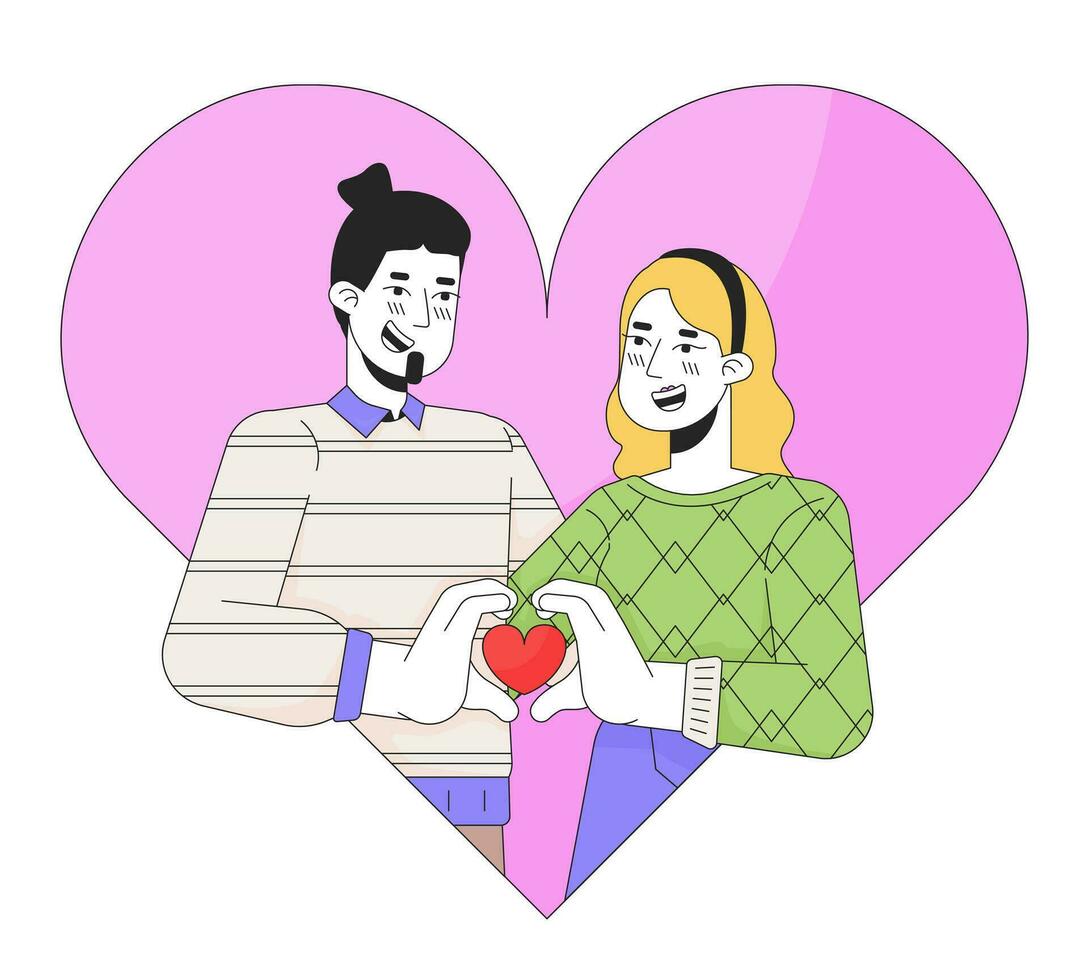 caucasico fidanzata fidanzato 14 febbraio 2d lineare illustrazione concetto. San Valentino giorno coppia cartone animato personaggi isolato su bianca. bonding relazione metafora astratto piatto vettore schema grafico