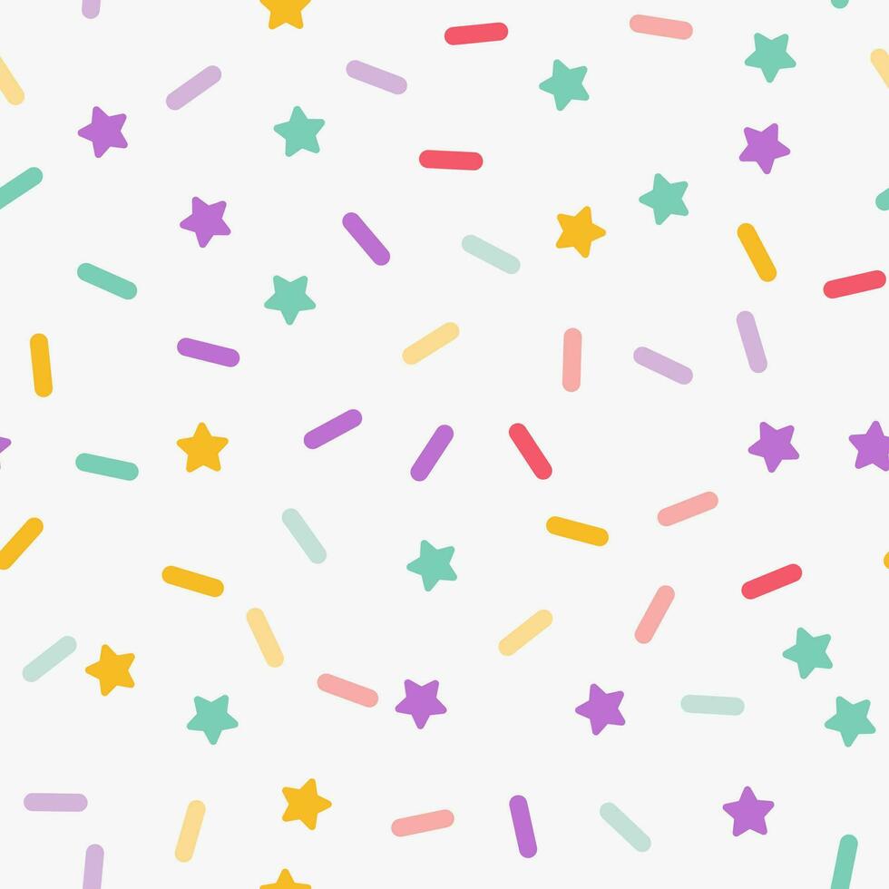 semplice minimalista senza soluzione di continuità modello, multicolore giocoso mano disegnato carino Linee e stelle su un' bianca sfondo. zucchero spruzzatori su un' ciambella, coriandoli, cupcake. vettore