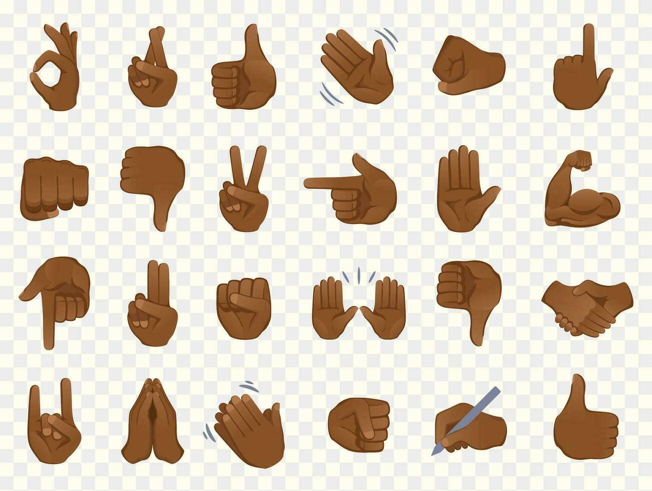 mano gesto emoji icone collezione impostare. africano americano buio pelle tono simboli isolato vettore illustrazione.