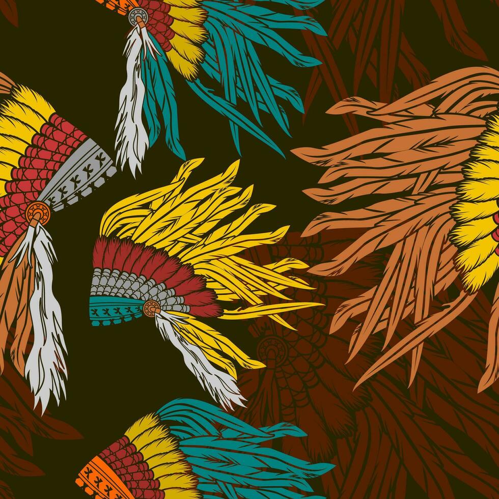 modificabile lato Visualizza nativo americano copricapi vettore illustrazione nel vario colori come senza soluzione di continuità modello con buio sfondo per tradizionale cultura e storia relazionato design