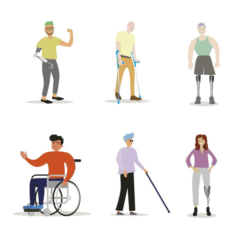 invalidità persone con disabilità. Disabilitato con protesico gamba e braccio, cieco e nel sedia a rotelle. vettore illustrazione. umano non valido sostegno, stampella e artificiale arto