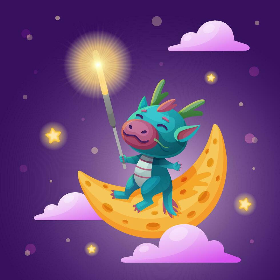 Cinese Drago Tenere sparkler si siede su il Luna nel il notte cielo. carino cartone animato verde Drago. simbolo di 2024 anno. Cinese lunare calendario, oroscopo. nuovo anno cartolina. vettore