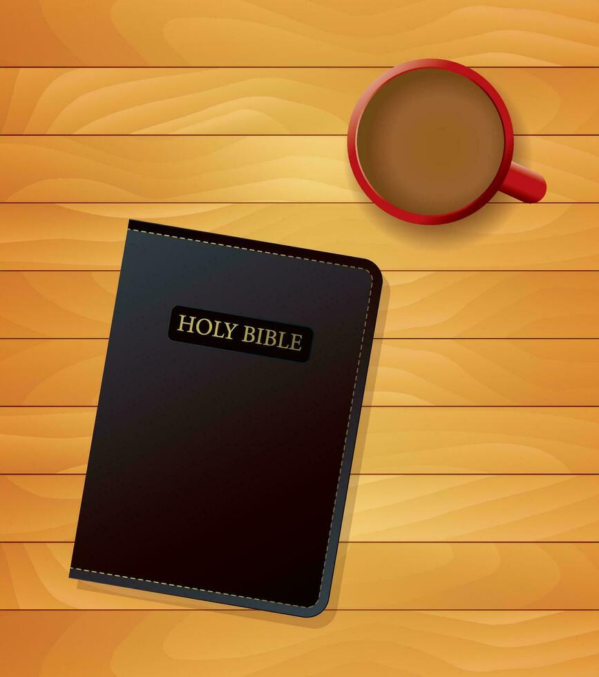 santo Bibbia e caffè su di legno sfondo vettore