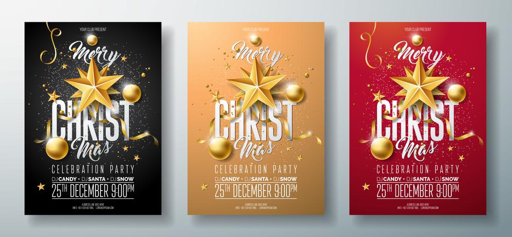 Illustrazione di vettore Merry Christmas Party Flyer con elementi tipografia vacanza e oro palla ornamentale, stella di carta del ritaglio su sfondo pulito.