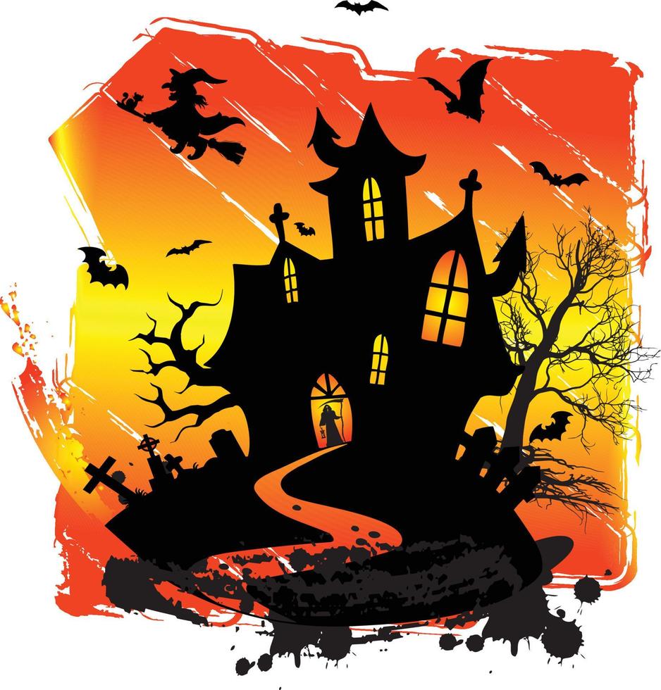 casa stregata halloween illustrazione raccapricciante design con zucche gatto e pipistrelli di notte vettore