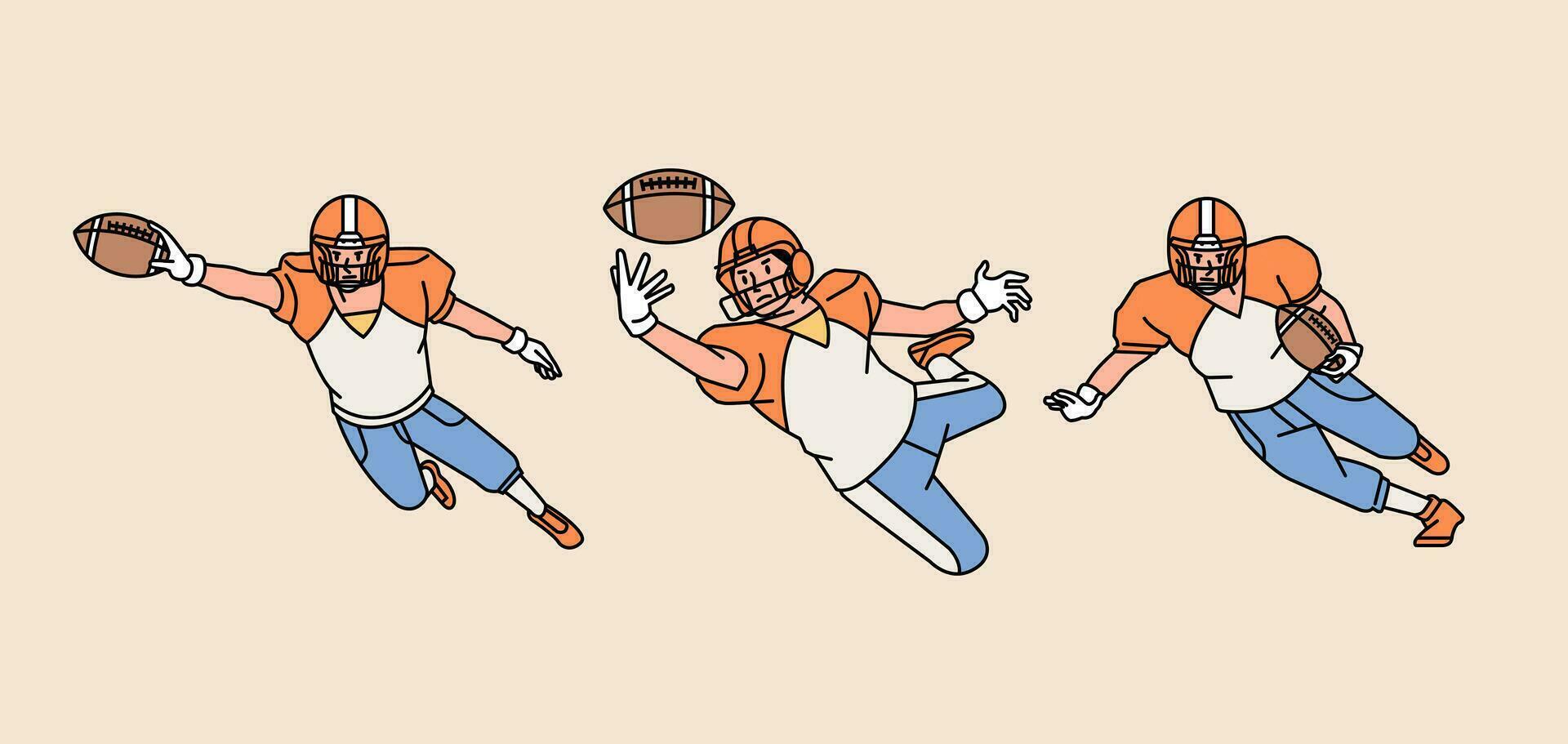 americano calcio personaggio Giocatori nel azione impostato linea stile illustrazione vettore
