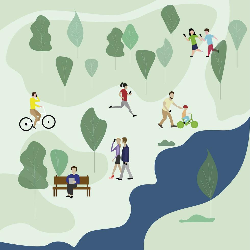 persone nel verde parco uso smartphone. vettore cavalcata bicicletta e correre, camminare coppia all'aperto, persone comunicazione Messaggio illustrazione