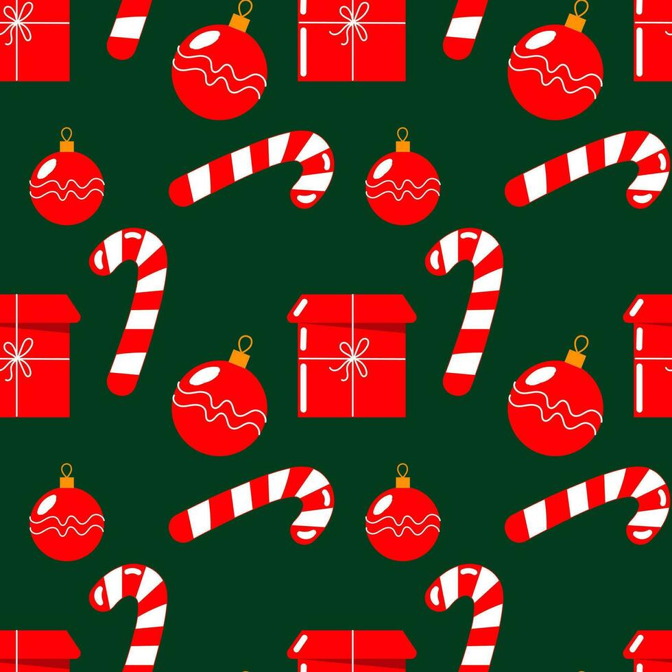 senza soluzione di continuità modello, caramelle, i regali e Natale palle, rosso e bianca design. Natale Stampa, tessile, sfondo, vettore