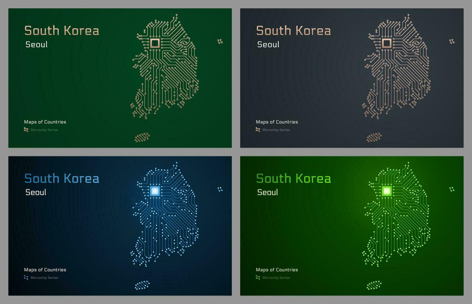Sud Corea creativo mappe impostato con un' capitale di Seoul mostrato nel un' microchip modello con processore. e-government vettore