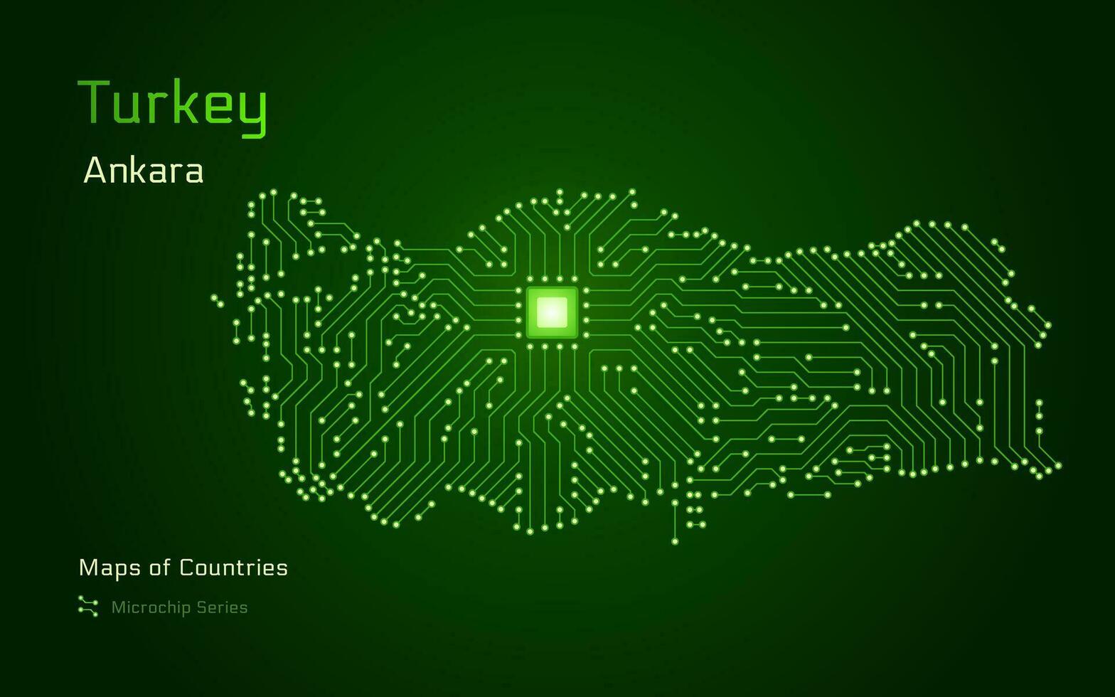 tacchino carta geografica con un' capitale di ankara mostrato nel un' microchip modello con processore. e-governo. mondo paesi vettore mappe.