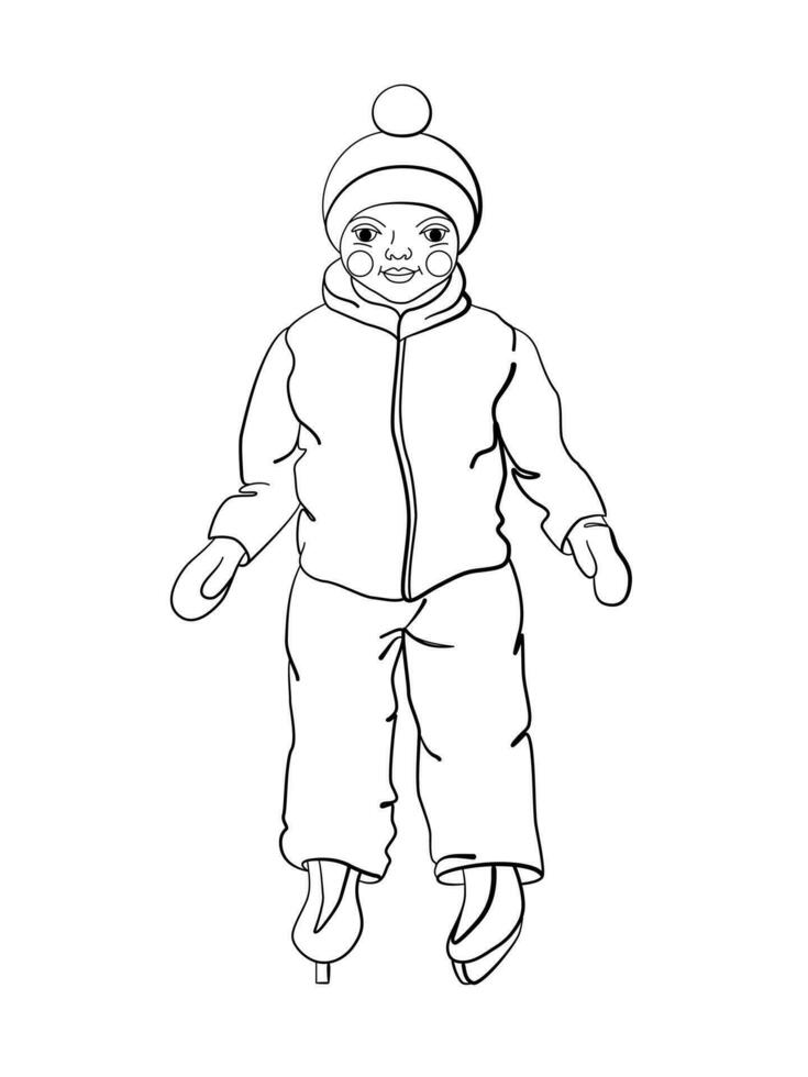 colorazione pagina di un' cartone animato ragazzo pattinando. infantile design per figli di colorazione libro di inverno gli sport. vettore