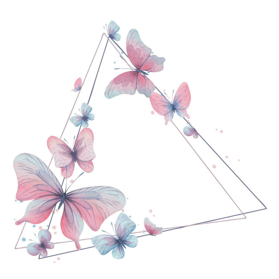 farfalle siamo rosa, blu, lilla, volare, delicato con Ali e spruzzi di dipingere. mano disegnato acquerello illustrazione. telaio triangolo, modello, ghirlanda su un' bianca sfondo, per design. vettore