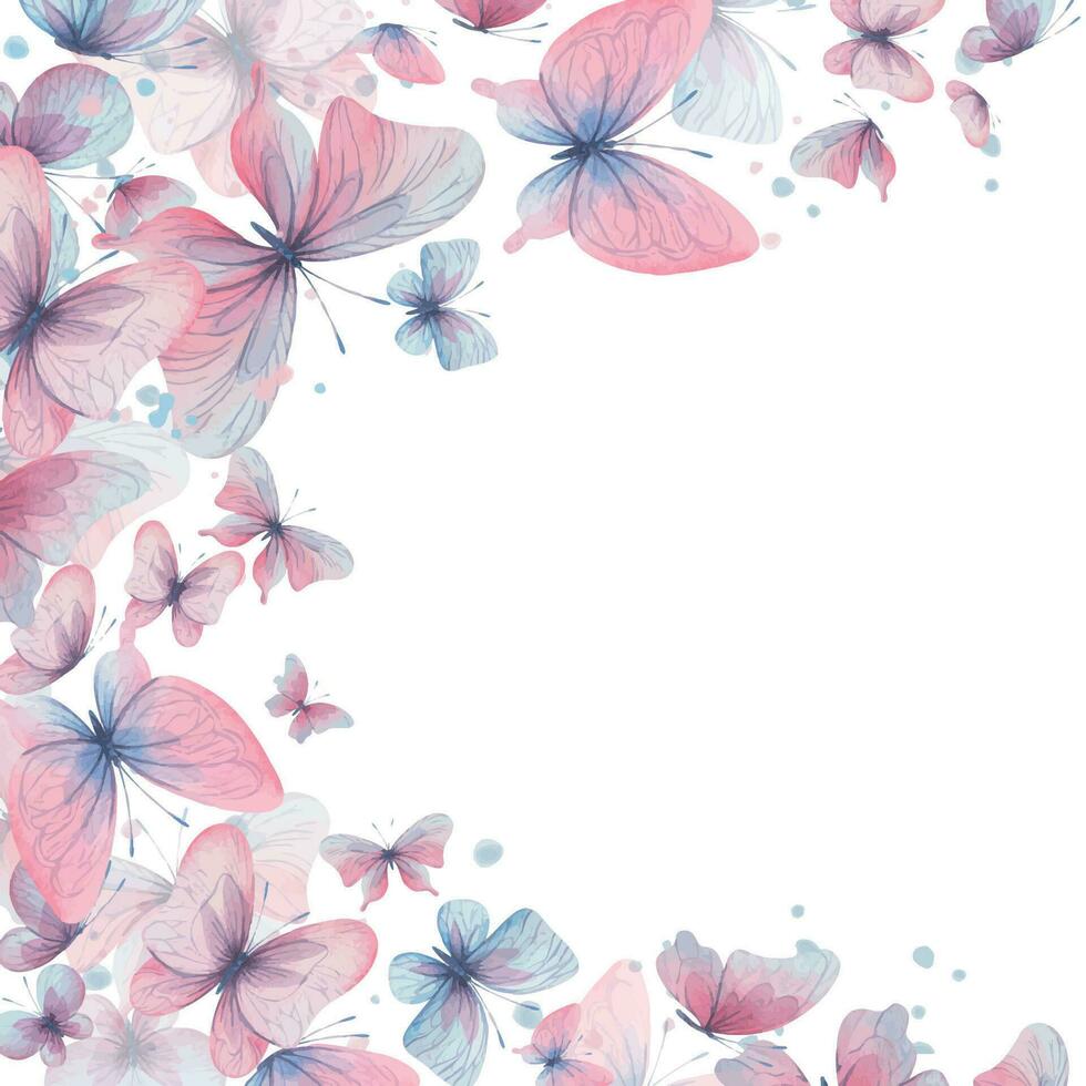 farfalle siamo rosa, blu, lilla, volare, delicato con Ali e spruzzi di dipingere. mano disegnato acquerello illustrazione. telaio, modello, ghirlanda su un' bianca sfondo, per design vettore