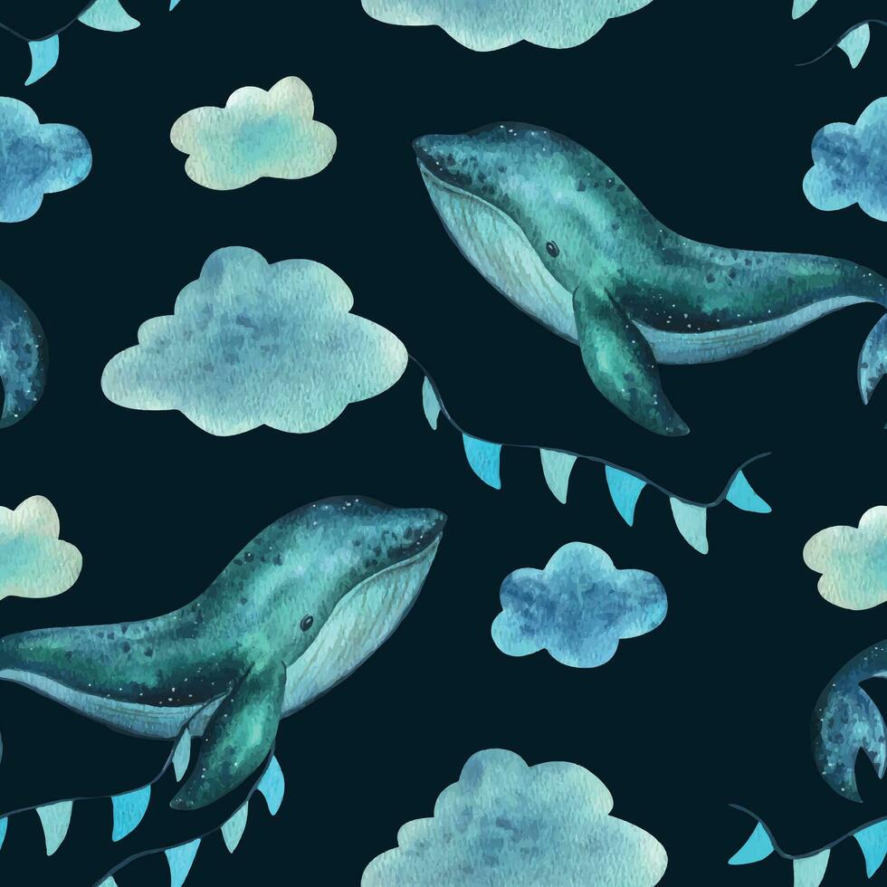 un' bambino balena nuotate su il mare e mosche nel il cielo con ghirlande di bandiere tra il nuvole e gocce di pioggia. mano disegnato figli di acquerello illustrazione. senza soluzione di continuità modello su un' blu sfondo vettore