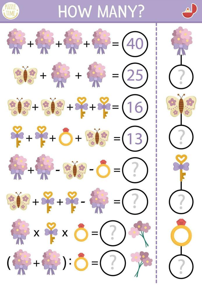 Come molti fiori gioco, equazione o rebus con carino mazzi di fiori. nozze matematica attività per scuola bambini. semplice matrimonio cerimonia stampabile conteggio foglio di lavoro per bambini con la farfalla, squillare vettore