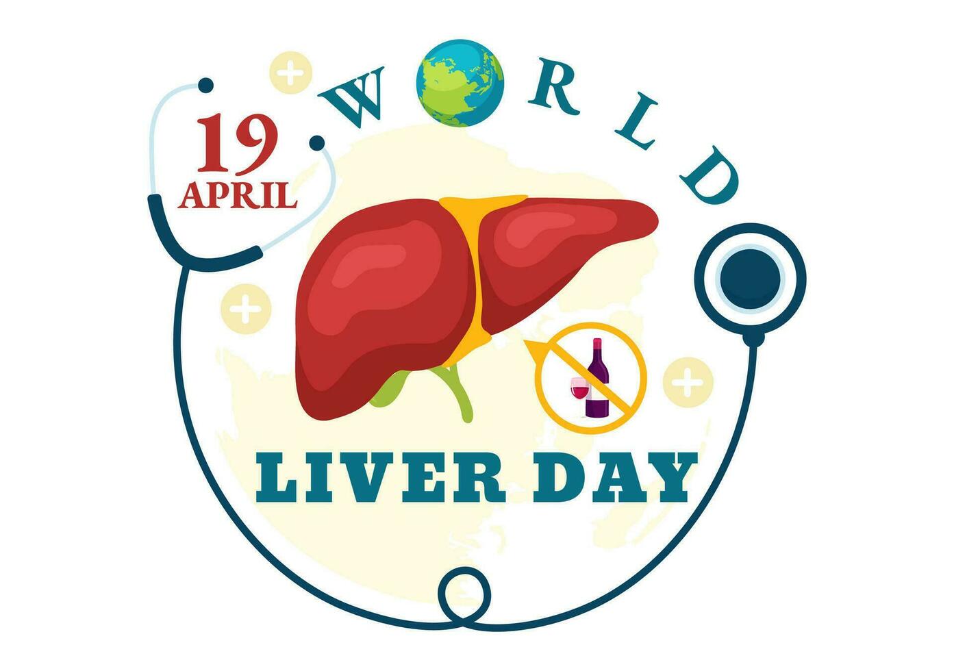 mondo fegato giorno vettore illustrazione su aprile 19 per aumentare globale consapevolezza di epatite e salutare nel piatto cartone animato sfondo design