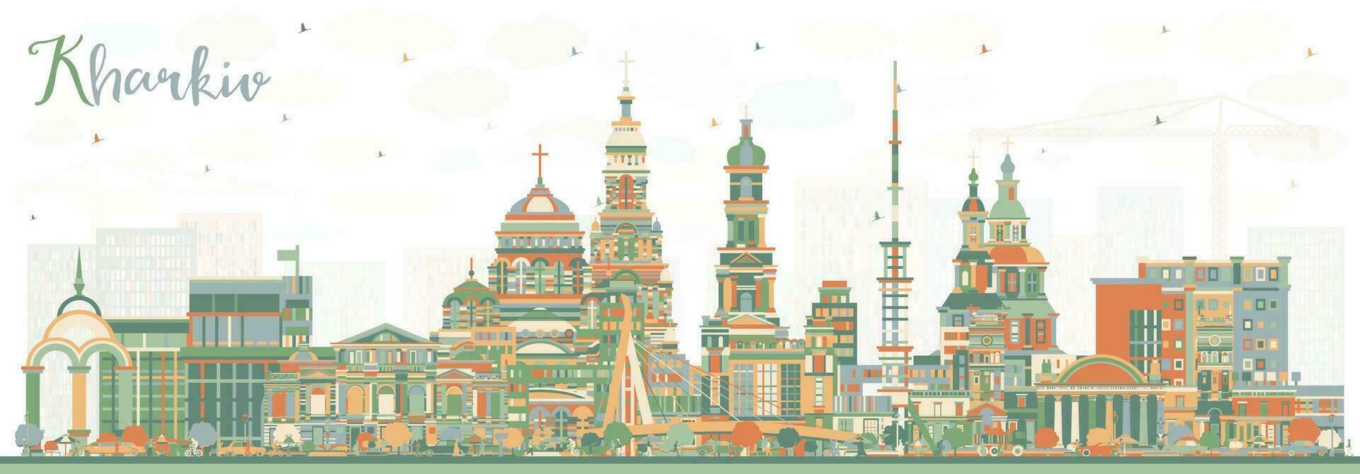 Charkiv Ucraina città orizzonte con colore edifici. Charkiv paesaggio urbano con punti di riferimento. attività commerciale viaggio e turismo concetto con storico architettura. vettore