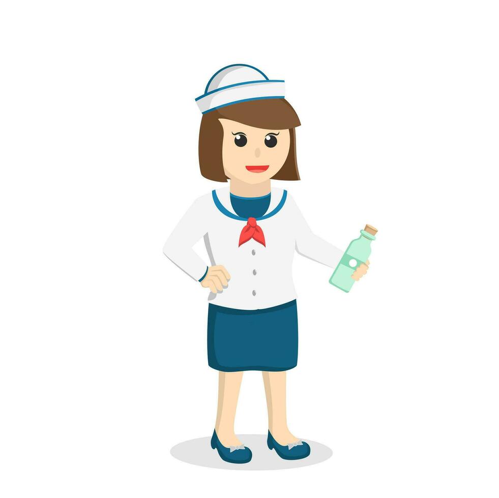 marinaio donna Tenere bottiglia design personaggio su bianca sfondo vettore