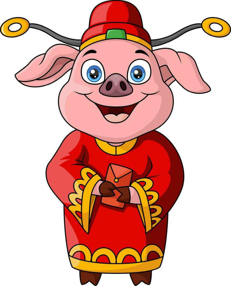 carino maiale cartone animato indossare tradizionale Cinese costume vettore