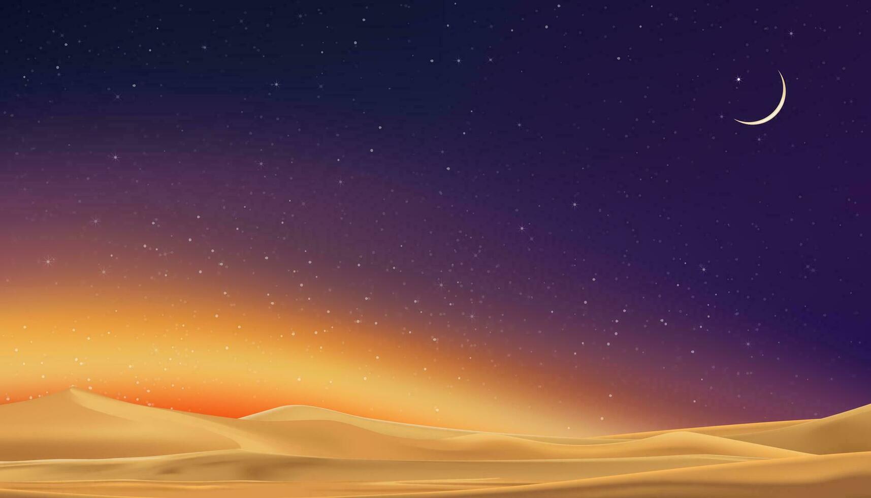 stellato cielo, Ramadan kareem notte su deserto sabbia dune,bellissime universo spazio sfondo di galassia paesaggio.tramonto crepuscolo crepuscolo cielo per islamico religione, eid al adha, eid mubarak, eid al Fitr vettore