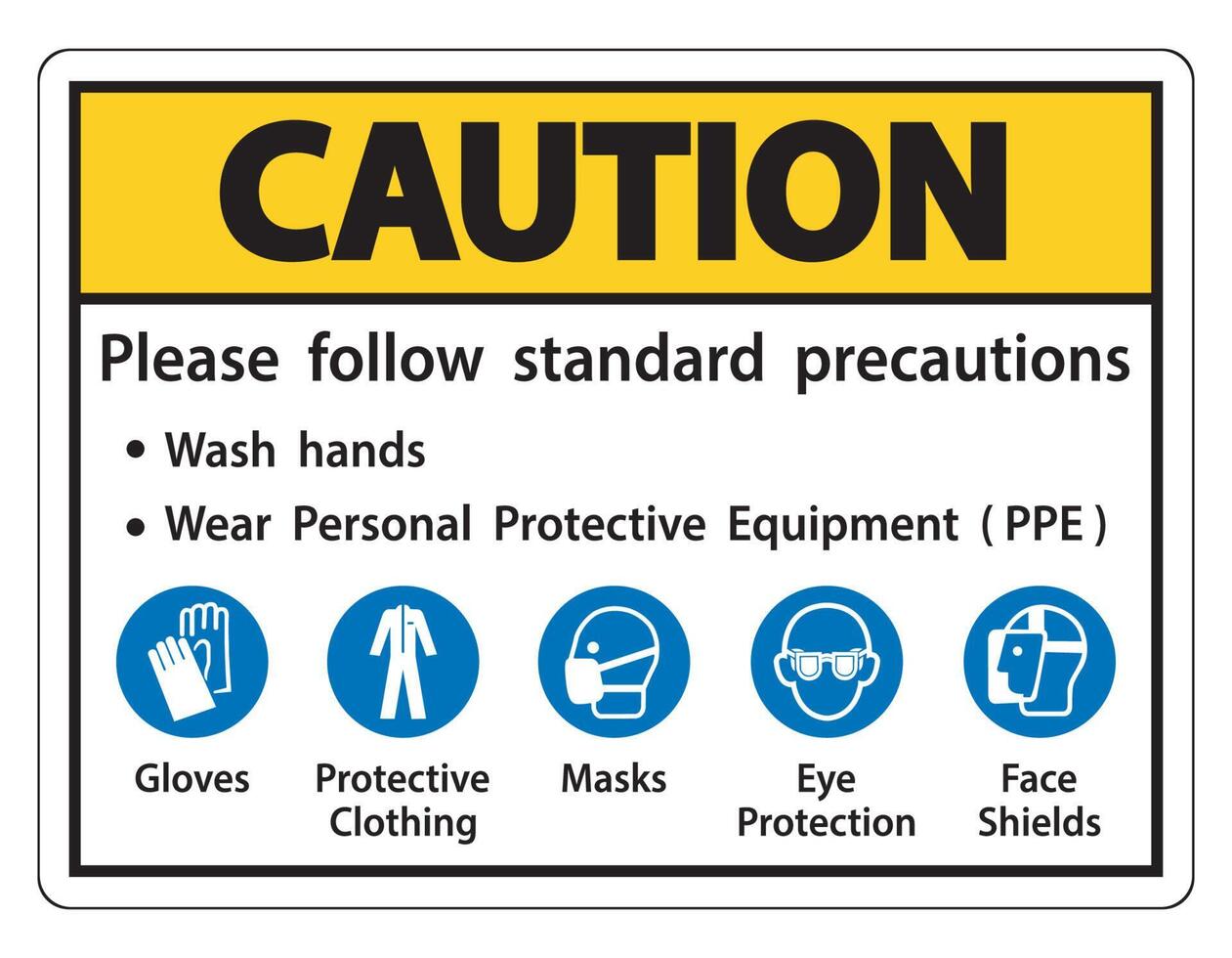 attenzione si prega di seguire le precauzioni standard, lavarsi le mani, indossare dispositivi di protezione individuale DPI, guanti indumenti protettivi maschere protezione degli occhi schermo facciale vettore