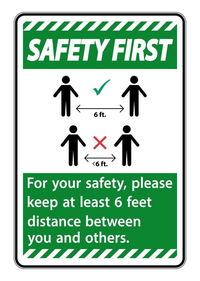 sicurezza prima mantieni una distanza di 6 piedi, per la tua sicurezza, ti preghiamo di mantenere una distanza di almeno 6 piedi tra te e gli altri. vettore