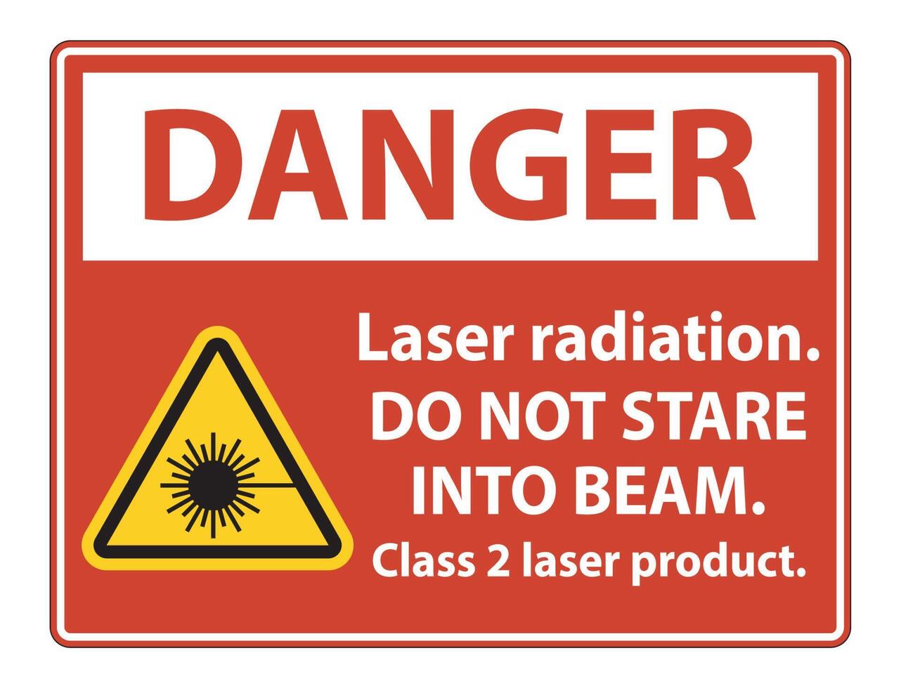 Pericolo radiazioni laser,non fissare il raggio,cartello prodotto laser di classe 2 su sfondo bianco vettore