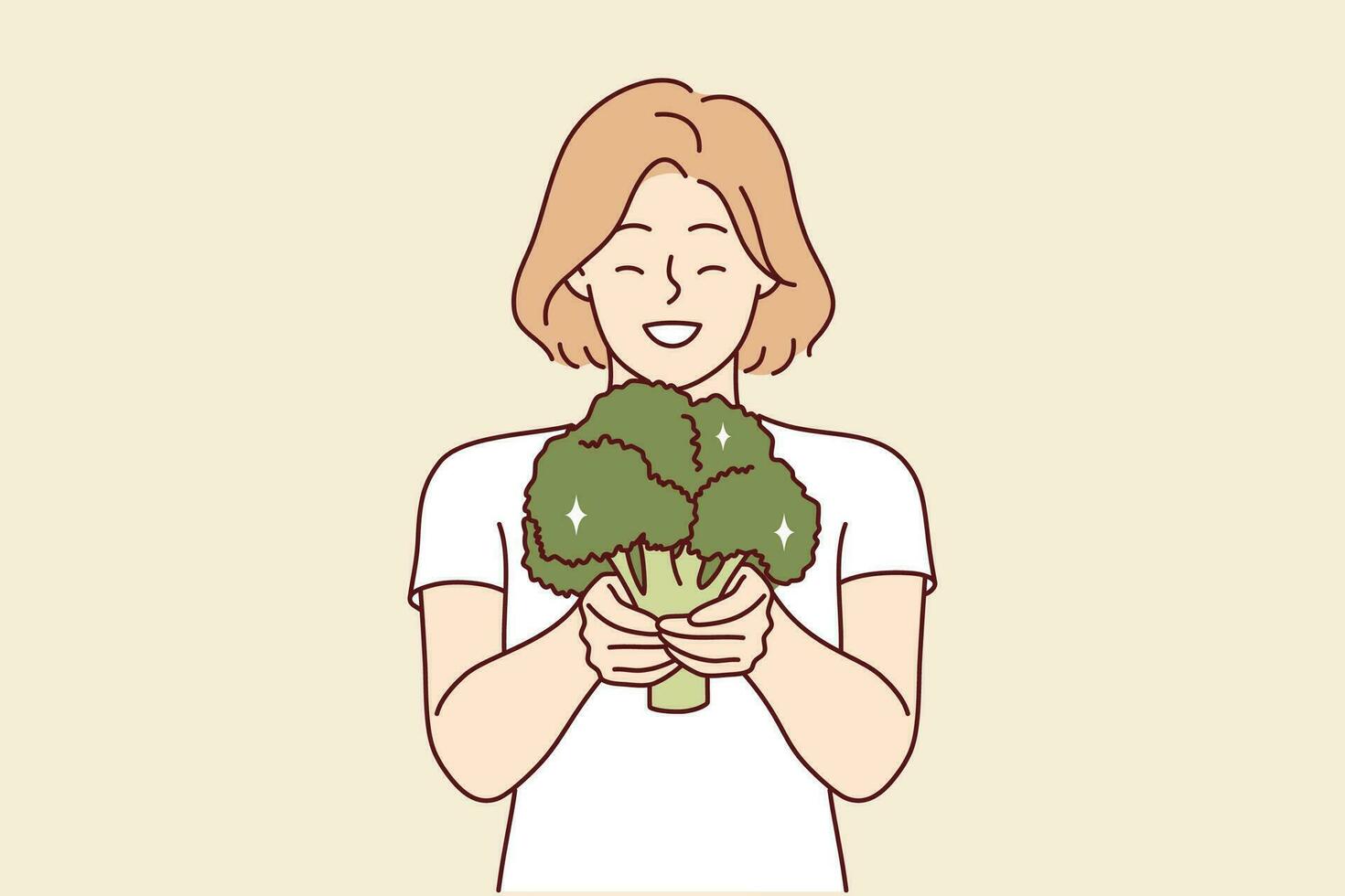 contento donna con broccoli nel mani raccomanda andando vegano e mangiare solo fresco biologico verdure. sorridente ragazza Tenere broccoli pieno con utile vitamine per corpo e immunità. vettore