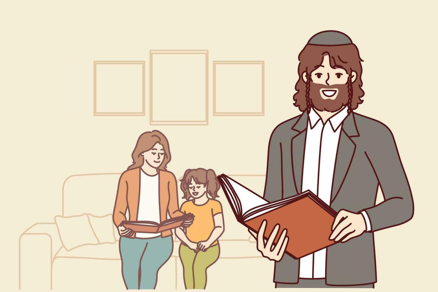 ortodosso ebraico uomo con Bibbia nel mani sta vicino moglie e figlia e detiene libro con preghiere vettore