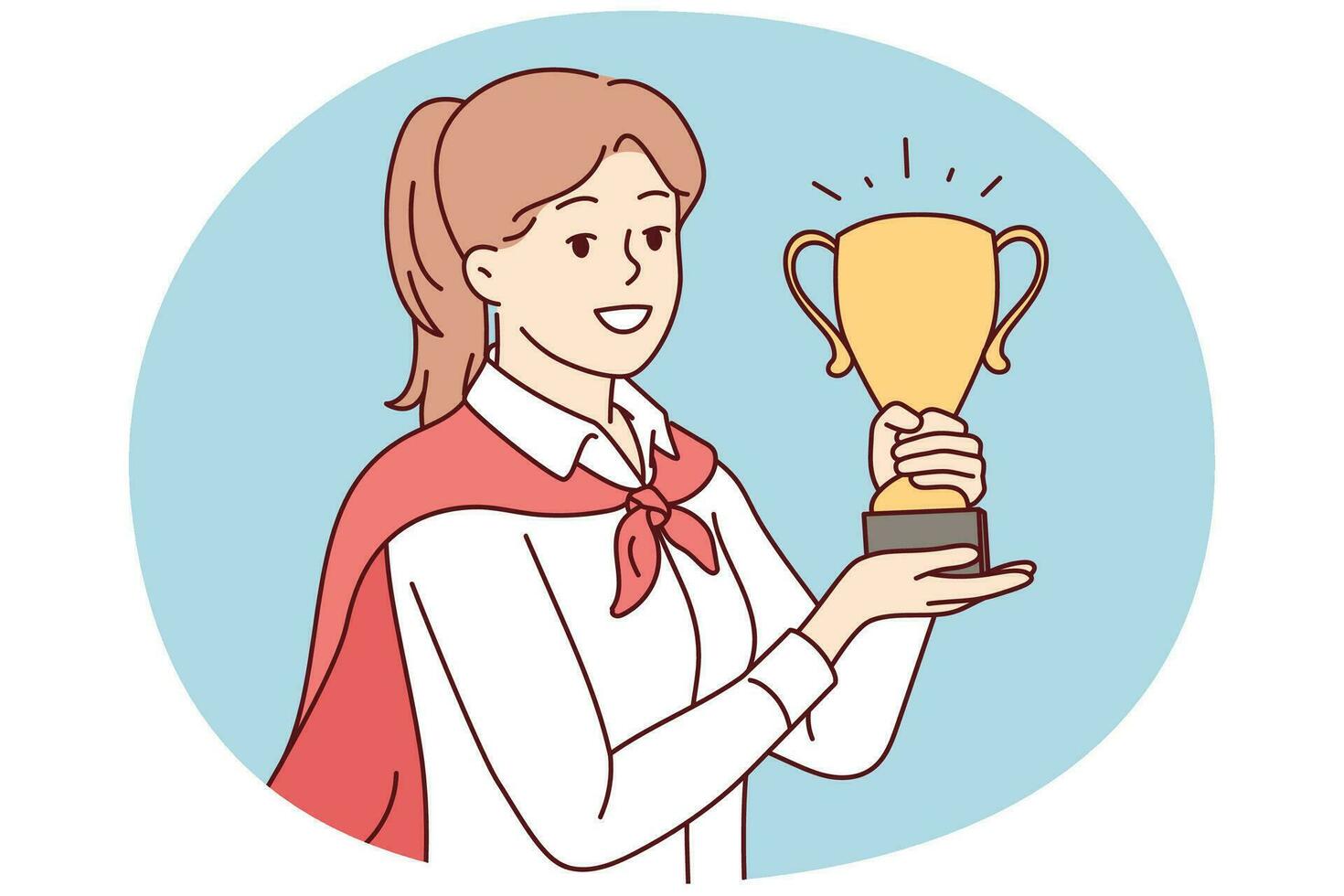 ritratto di sorridente giovane femmina dipendente Tenere d'oro premio nel mani celebrare attività commerciale promozione o trionfo. contento donna d'affari con premio. vettore illustrazione.