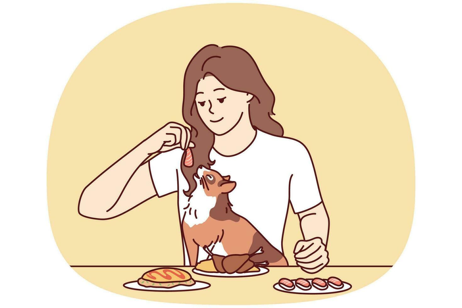 sorridente giovane donna alimentazione gatto con cibo a partire dal tavolo. contento ragazza dare gustoso pasto per carino gattino mangiare insieme a casa. vettore illustrazione.