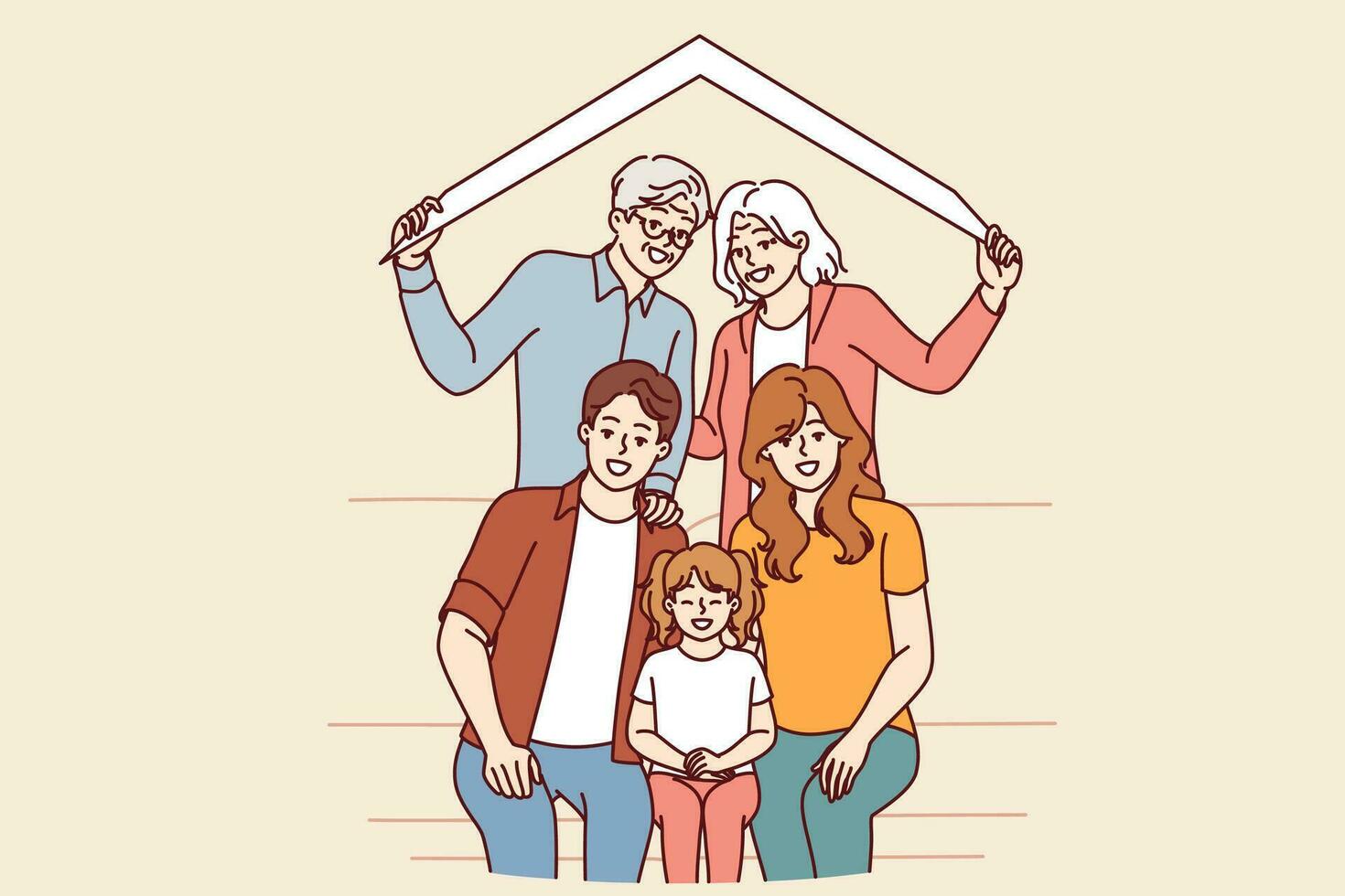 grande contento famiglia di pensionato genitori e del Millennio bambini con nipoti sotto tetto di Casa vettore