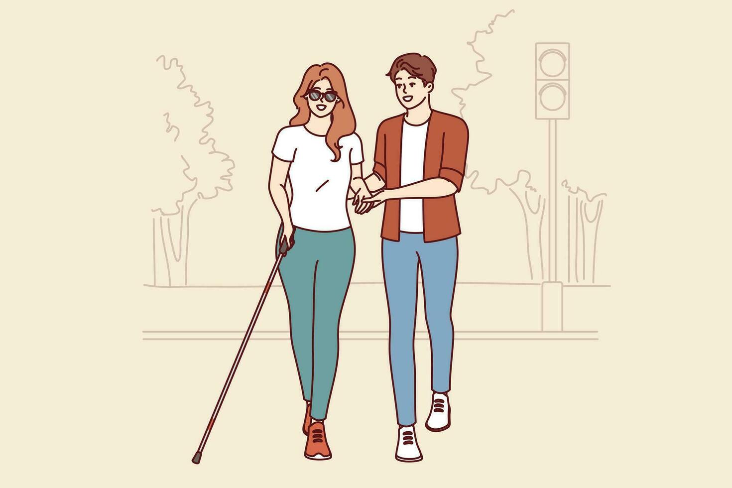 uomo aiuta cieco donna camminare, godendo città accessibile ambiente per persone con disabilità vettore