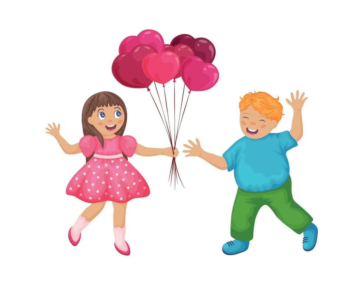 un' ragazzo dà un' ragazza palloncini nel il modulo di un' cuore.a ragazzo nel amore dà un' regalo per un' ragazza. bambini su San Valentino S giorno nel cartone animato stile. bello bambini nel amore. vettore illustrazione