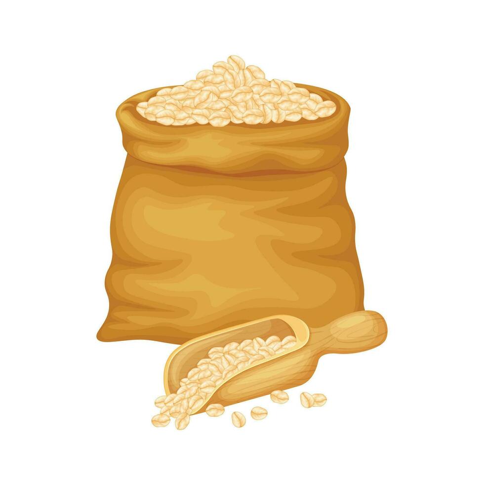 fiocchi d'avena. fiocchi d'avena nel un' Borsa. un' grande Borsa di avena cereali e un' di legno notizia in anticipo. cereali. vettore illustrazione isolato su un' bianca sfondo