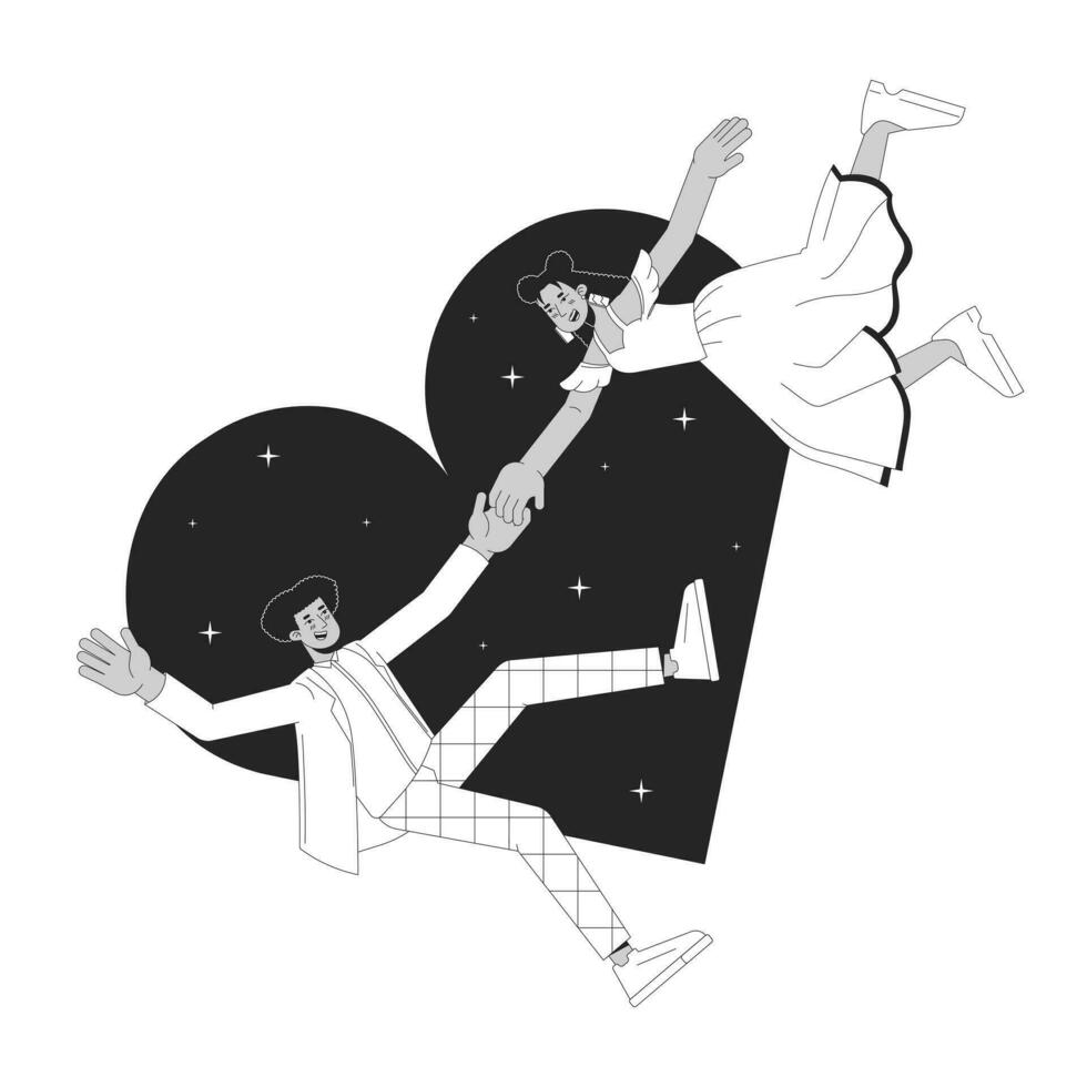 ispanico coppia amore a primo vista nero e bianca 2d illustrazione concetto. latino fidanzata fidanzato cartone animato schema personaggi isolato su bianca. sentimenti romantico metafora monocromatico vettore arte