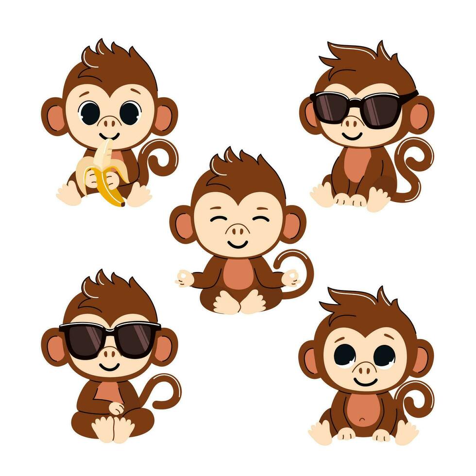 impostato di carino bambino scimmie. vettore illustrazione di personaggi nel diverso pose.