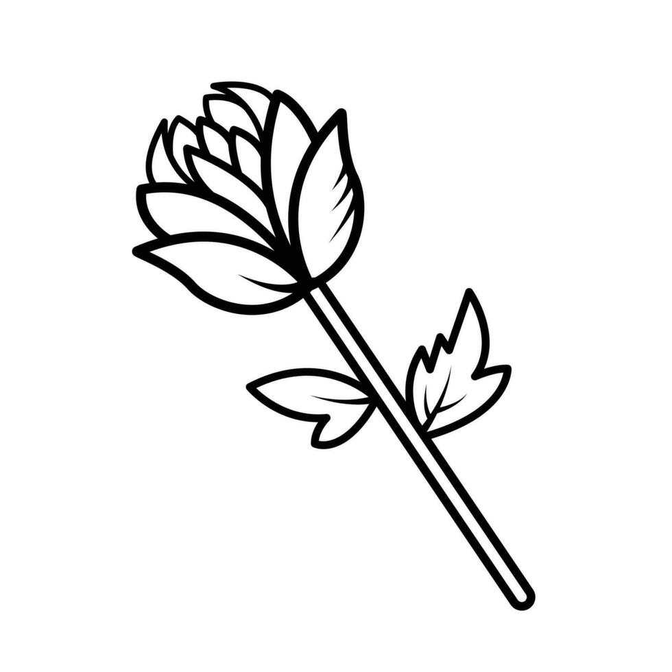 rosa fiore con le foglie vettore illustrazione icona con nero schema isolato su bianca piazza sfondo. semplice piatto minimalista arte styled disegno con San Valentino e amore tema.