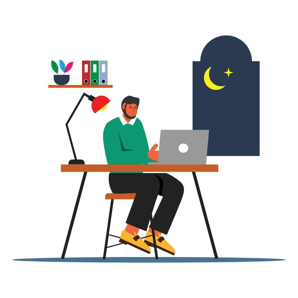 Ramadan piatto illustrazione di giovane musulmano uomo Lavorando su il computer portatile a il ufficio vettore