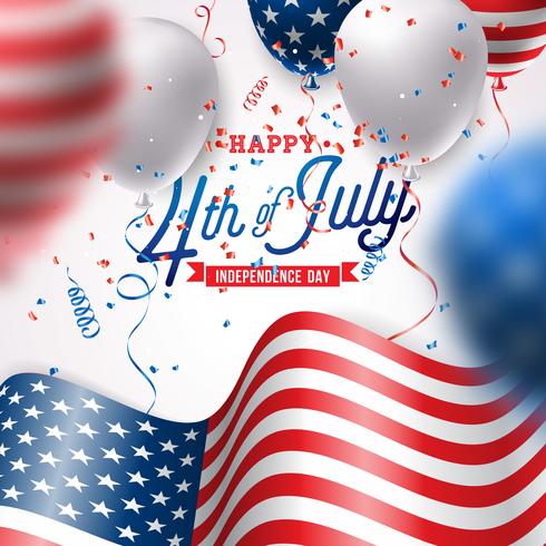 Independence Day dell&#39;illustrazione di vettore di USA Design di quarto di luglio con Air Balloon e bandiera su sfondo bianco per Banner, Greeting Card, Invito o Poster di festa.