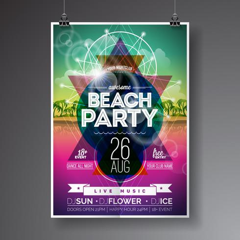 Vector Summer Beach Party Flyer Design con isola paradiso sul paesaggio dell&#39;oceano