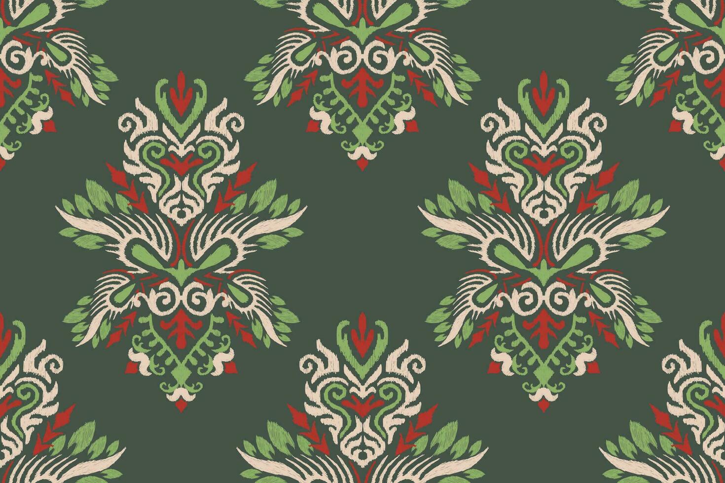ikat floreale paisley ricamo su verde sfondo.ikat etnico orientale senza soluzione di continuità modello tradizionale.azteco stile astratto vettore illustrazione.disegno per trama, tessuto, abbigliamento, avvolgimento, decorazione.