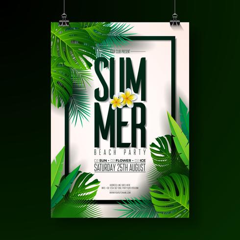 Vector Summer Beach Party Flyer Design con elementi tipografici su sfondo foglia esotica. Elementi floreali di natura estiva