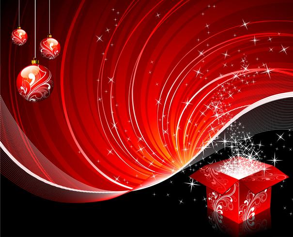 Illustrazione di Natale con scatola regalo e palla lucida su sfondo rosso. vettore