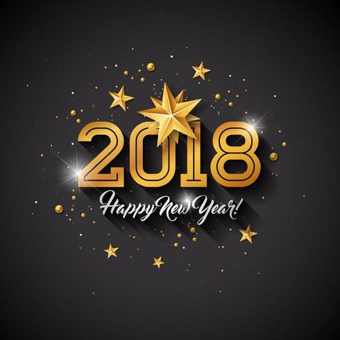 Illustrazione del buon anno con la lettera di tipografia e palla ornamentale su fondo nero. Vector Holiday Design per Premium Greeting Card, Party Invitation o Promo Banner.