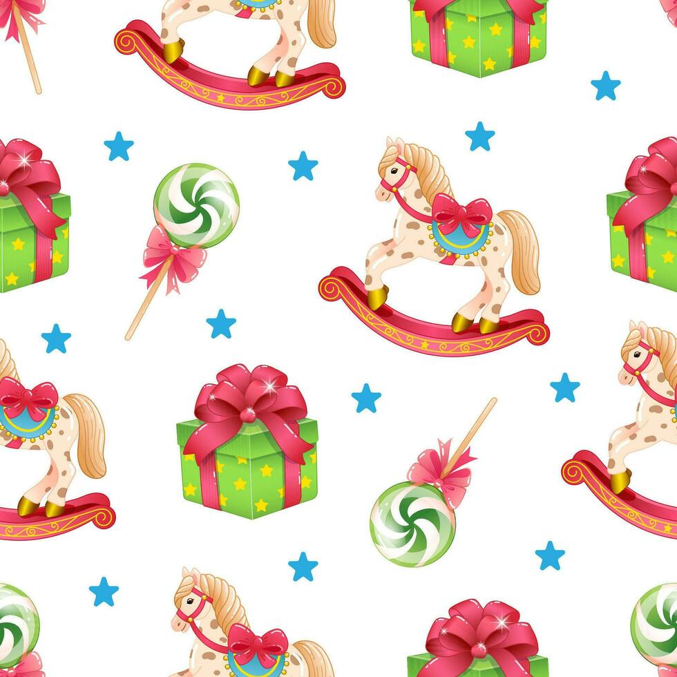 senza soluzione di continuità modello di carino Natale vettore illustrazioni di un' a dondolo cavallo, un' regalo e un' lecca-lecca. divertente festivo vacanza modello