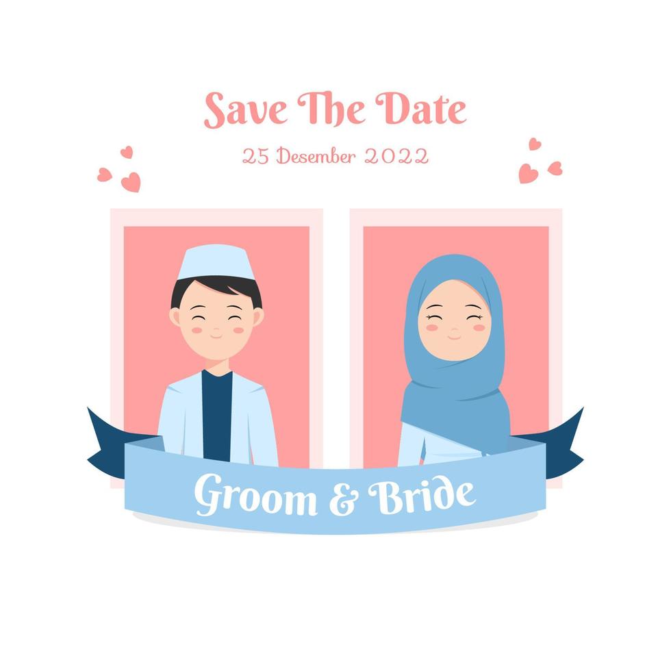 coppia musulmana con foto ritratto per invito a nozze con etichetta a nastro. salva l'illustrazione vettoriale della data